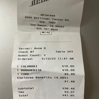 Delarosa Bishop Ranch - Receipt. Not sure if this is a San Ramon thing or just a Delarosa thing to add 4% employee benefits tax. - Pizza Near Me - San Ramon, California Delarosa Bishop Ranch - Receipt. Not sure if this is a San Ramon thing or just a Delarosa thing to add 4% employee benefits tax. - Pizza Near Me - San Ramon, California