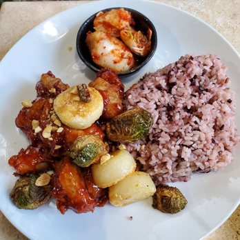 O'Kims - Korean fried chicken with gnocchi and Brussels sprouts, purple rice, and kimchi - Korean Near Me - Honolulu, Hawaii