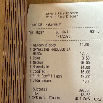 Corkfire Kitchen - Our $106.03 bill for three.  We actually ordered to 1855 Barbacoa and the Confit - New American Near Me - Temecula, California