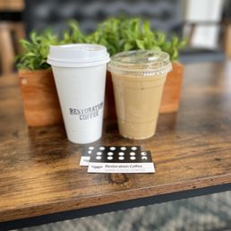 Cinnamon honey hot latte with oat milk -on the left  The "Rachel" (lavender vanilla iced latte with oat milk) - on the right