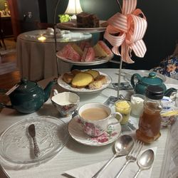 3 tiered tray (scone tray, sandwich tray, sweet tray) and tea