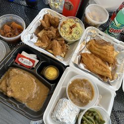 Entrees: Chicken wings, smothered pork chop, & catfish  Sides: Candied yams, potato salad, rice and gravy, cornbread, and green beans