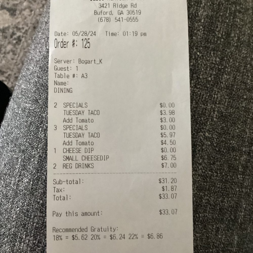 Receipt for the $7.50 for a few chopped up tomato pieces.