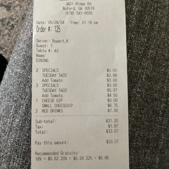 Cabo's Mexican Grill - Receipt for the $7.50 for a few chopped up tomato pieces. - Mexican Near Me - Buford, Georgia Cabo's Mexican Grill - Receipt for the $7.50 for a few chopped up tomato pieces. - Mexican Near Me - Buford, Georgia