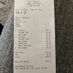Cabo's Mexican Grill - Receipt for the $7.50 for a few chopped up tomato pieces.