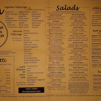 Dino's Pizza - Menu: Pizzas, Spaghetti, Salads, Sandwiches, Baked Dishes (09/20/20). @DinosPizzaBurbank #Burbank ItalianFood #Pizza - Pizza Near Me - Burbank, California