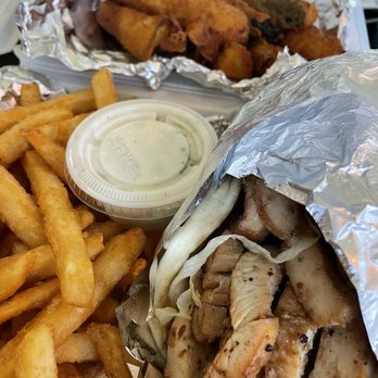 Bonu Cafe Express - Chicken Gyro with fries and zucchini fries in the back! - New American Near Me - Exton, Pennsylvania
