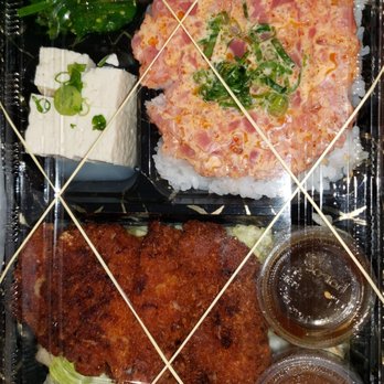 Genki Sushi - Ordered: ahi poke bento with garlic chicken karaage.  What I got: spicy ahi with chicken katsu.  Daughter said too spicy! - Sushi Bars Near Me - Honolulu, Hawaii