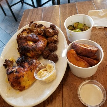 YAFO Kitchen - Rotisserie chicken, Brussel sprouts, cauliflower, potatoes - Middle Eastern Near Me - Charlotte, North Carolina