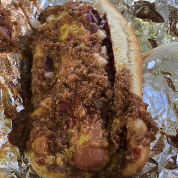 Hillbilly Hot Dogs - The Hound Dog : chili sauce, mustard, onion and BBQ sauce - Burgers Near Me - Lesage, West Virginia
