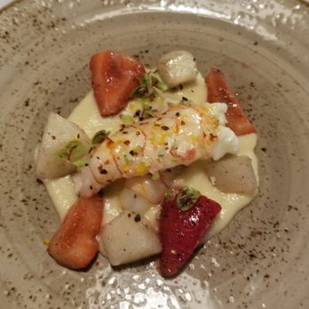 Rosewild - My favorite of the night! Langostino, parsnip puree, strawberries - Breakfast & Brunch Near Me - Fargo, North Dakota Rosewild - My favorite of the night! Langostino, parsnip puree, strawberries - Breakfast & Brunch Near Me - Fargo, North Dakota