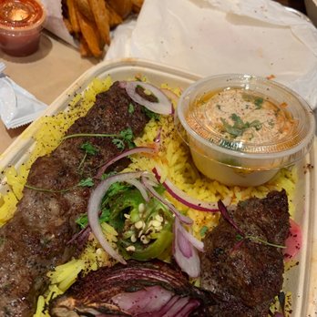 Mazra - Double skewer plate, side of fries and hummus. - Middle Eastern Near Me - San Bruno, California