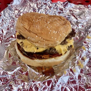 Five Guys - a cheeseburger on aluminum foil - Burgers Near Me - Ontario, Ohio