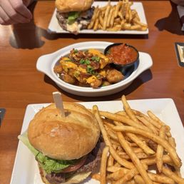 Loaded cheese curds with Angie's smash burger and fries
