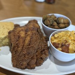 Cajun Soul Bistro & Bar - Sunday plate--fried catfish, cornbread and 2 sides (fried okra and mac and cheese)