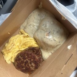 Breakfast in the Hood - Biscuit & gravy meal with scrambled eggs and sausage