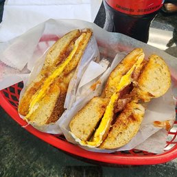 Bacon egg and cheese on whole wheat bagel
