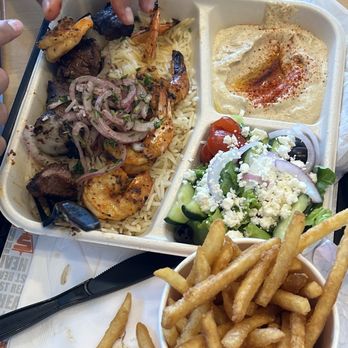Stephano's Greek & Mediterranean Grill - Steak Kebab Skewer, Shrimp Kebab Skewer, rice, Original Greek Salad (No Protein), humus, & French fries - Mediterranean Near Me - Las Vegas, Nevada