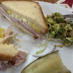 The Market at Woodloch - This was ham, provolone, lettuce, onion, banana peppers and mayo on GF bread with the market's broccoli salad and delicious BH pickle.