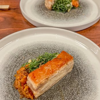 Kochi - 5. Pork belly with kimchi marmalde, charred lettuce and scallion, perilla - Korean Near Me - New York, New York Kochi - 5. Pork belly with kimchi marmalde, charred lettuce and scallion, perilla - Korean Near Me - New York, New York