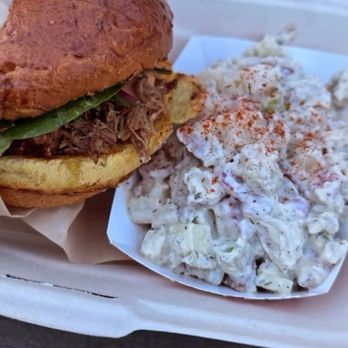 The Hot Box BBQ - The volcano with pulled pork and the potato salad - Sandwiches Near Me - Guerneville, California