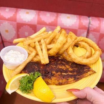 Duck Inn Again - Blackened catfish with french fries and onion rings - American Near Me - Lake Dallas, Texas Duck Inn Again - Blackened catfish with french fries and onion rings - American Near Me - Lake Dallas, Texas