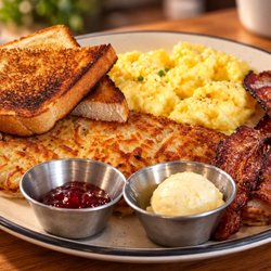 Corie's Cafe - Two egg breakfast - scrambled eggs, sourdough toast, and bacon.