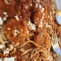 Olympia Restaurant - Shrimp with linguini, red sauce with feta cheese. Delicious!!!