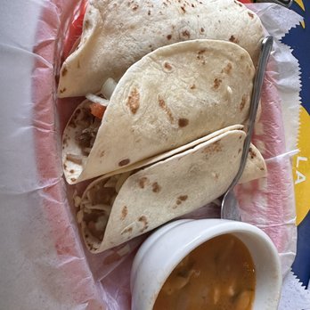 Taqueria Del Sol - In order: Brisket, Carnita Taco, Veggie Taco, Charros Beans - Tex-Mex Near Me - Decatur, Georgia