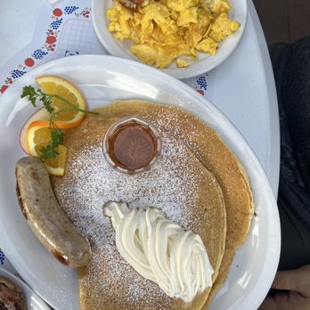 Paula's Pancake House - Pancake with sausage & scrambled eggs - Breakfast & Brunch Near Me - Solvang, California Paula's Pancake House - Pancake with sausage & scrambled eggs - Breakfast & Brunch Near Me - Solvang, California