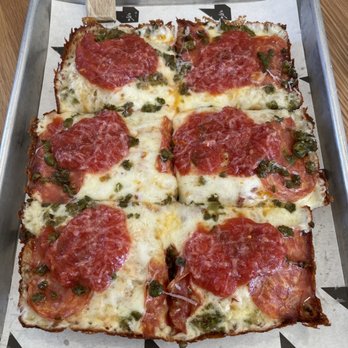 Westbound & Down Mill - Cross Creek: calabrese salami, mozzarella, castlevetrano olives, red sauce, calabrian chile oil, pecorino - Brewpubs Near Me - Lafayette, Colorado