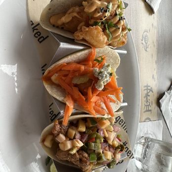 Naked Taco - 1 crispy tempura shrimp, 1 chicken vallarta, 1 buffalo fried chicken taco - Mexican Near Me - Miami Beach, Florida Naked Taco - 1 crispy tempura shrimp, 1 chicken vallarta, 1 buffalo fried chicken taco - Mexican Near Me - Miami Beach, Florida