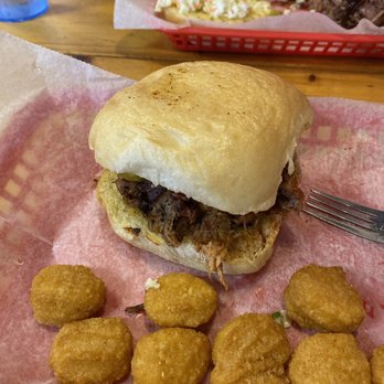 98 Bar-B-Que - Pork barbecue sandwich with cream corn nuggets. - Barbeque Near Me - Santa Rosa Beach, Florida 98 Bar-B-Que - Pork barbecue sandwich with cream corn nuggets. - Barbeque Near Me - Santa Rosa Beach, Florida