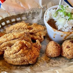 Catfish basket, small, with side of red beans & rice & 2 hushpuppies