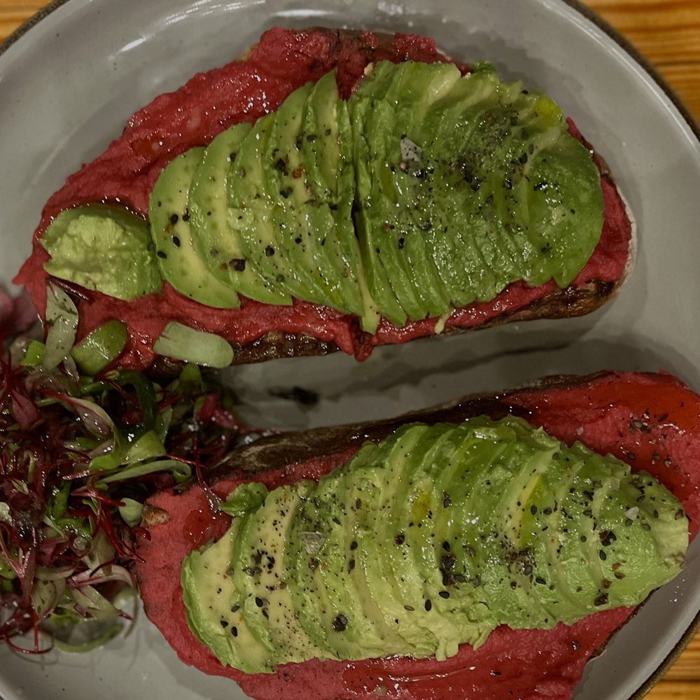 Toasts: gorgeous whole sourdough bread with a beet spread, avocado and micro greens, and EVOO. Toasts: gorgeous whole sourdough bread with a beet spread, avocado and micro greens, and EVOO.