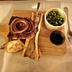 Seared - Cowboy Ribeye,  bone marrow, chili/lime edamame and bacon jam
