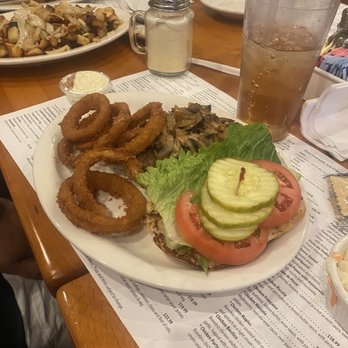 Maples Family Restaurant - Hamburger with onion rings. In the back, a Belgian waffle with the biggest plate of home fries ever!! - Italian Near Me - Middlebury, Connecticut