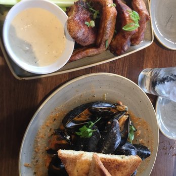 Ketch 22 - Fried wings with some sort of cheesy ranch sauce and the 1 lb mussels - Seafood Near Me - North Beach, Maryland