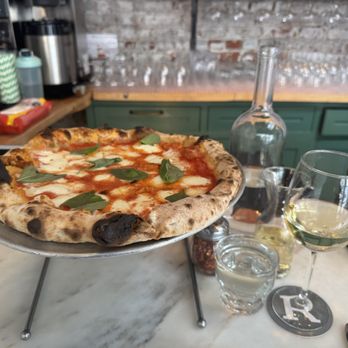 Roey's - Pizza Margherita and a glass of white wine. - Pizza Near Me - New York, New York