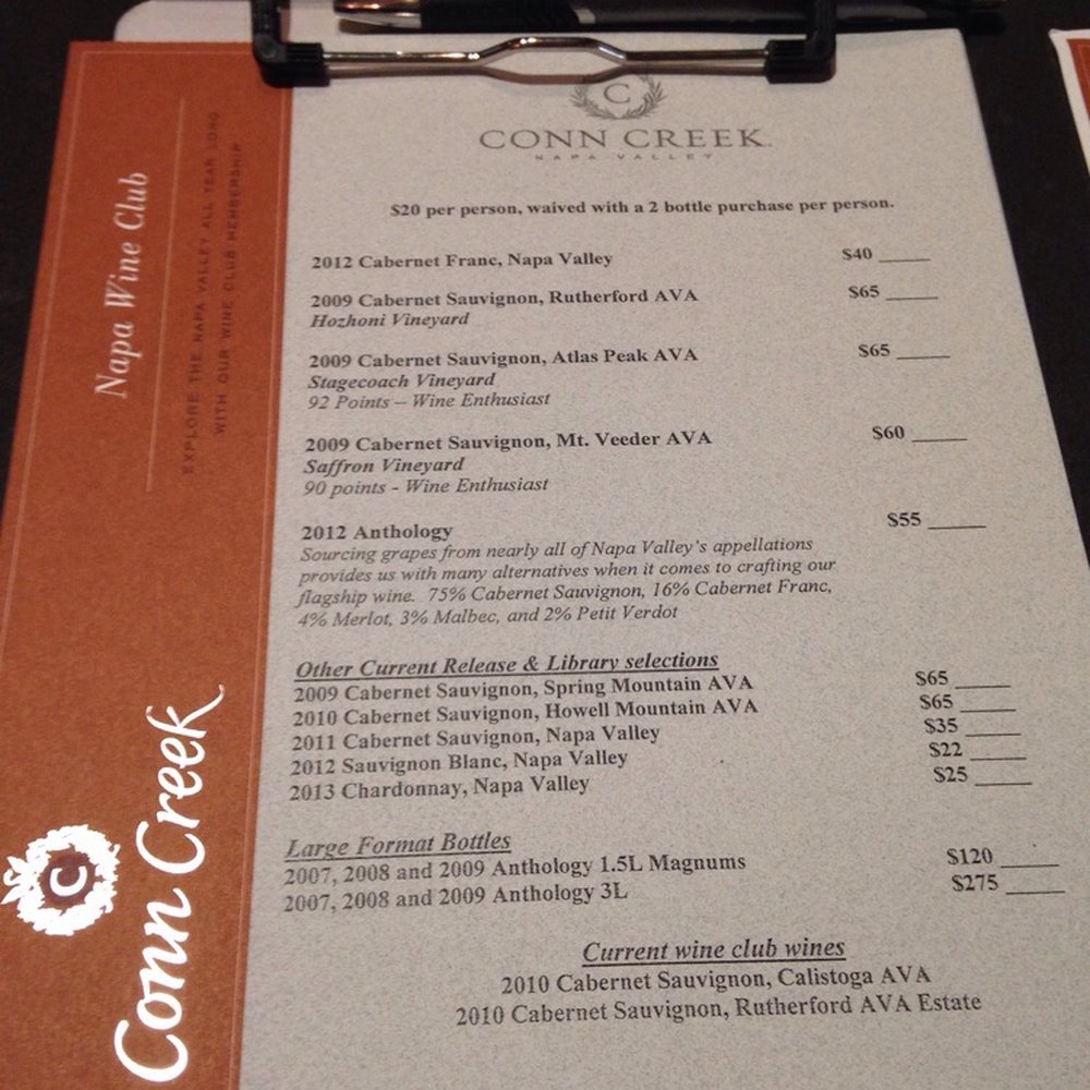 Conn Creek Winery - Wine tasting list on 12/10/14 - Wineries Near Me - St. Helena, California Conn Creek Winery - Wine tasting list on 12/10/14 - Wineries Near Me - St. Helena, California