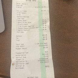 The receipt showing what we ordered