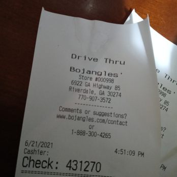 Bojangles - Receipt/Location - Fast Food Near Me - Riverdale, Georgia