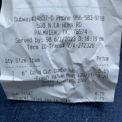 Subway - Receipt of time stamp