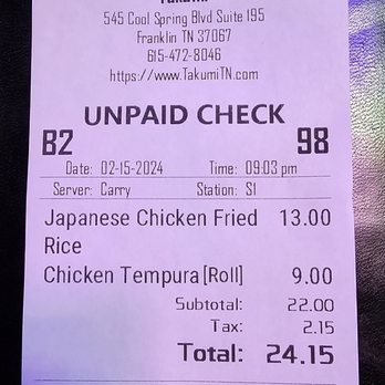 Takumi Hibachi - Bill - Sushi Bars Near Me - Franklin, Tennessee Takumi Hibachi - Bill - Sushi Bars Near Me - Franklin, Tennessee