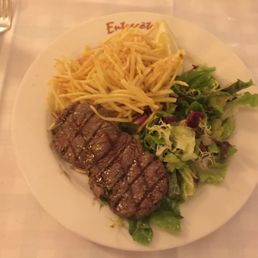 Sirloin steak with fries - a classic done well (actually 'rare')