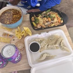 China House - Hot & sour soup, steamed dumplings, & Szechuan flavored chicken spicy.