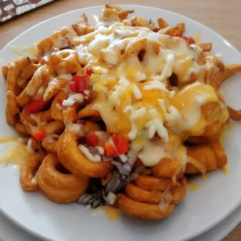 AJs Coffeehouse - Curly fries with cheese, red onion, and red pepper - Coffee & Tea Near Me - Cardiff, CRF AJs Coffeehouse - Curly fries with cheese, red onion, and red pepper - Coffee & Tea Near Me - Cardiff, CRF