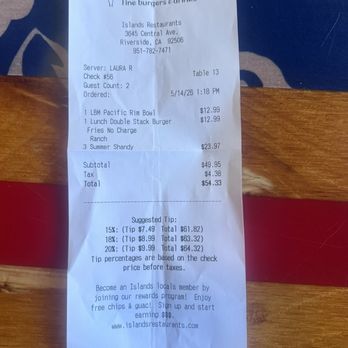Islands Restaurant - my receipt - American Near Me - Riverside, California