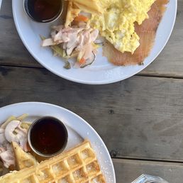 Waffle Melody Benjamin - scrambled eggs with smoked salmon & Waffle Benedict - Veronique with caramelized onions and peppers Waffle Melody Benjamin - scrambled eggs with smoked salmon & Waffle Benedict - Veronique with caramelized onions and peppers