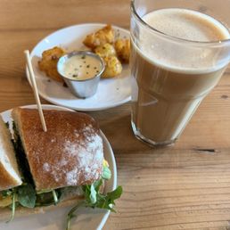 Made in house Chai and chicken sausage and egg sandwich Made in house Chai and chicken sausage and egg sandwich